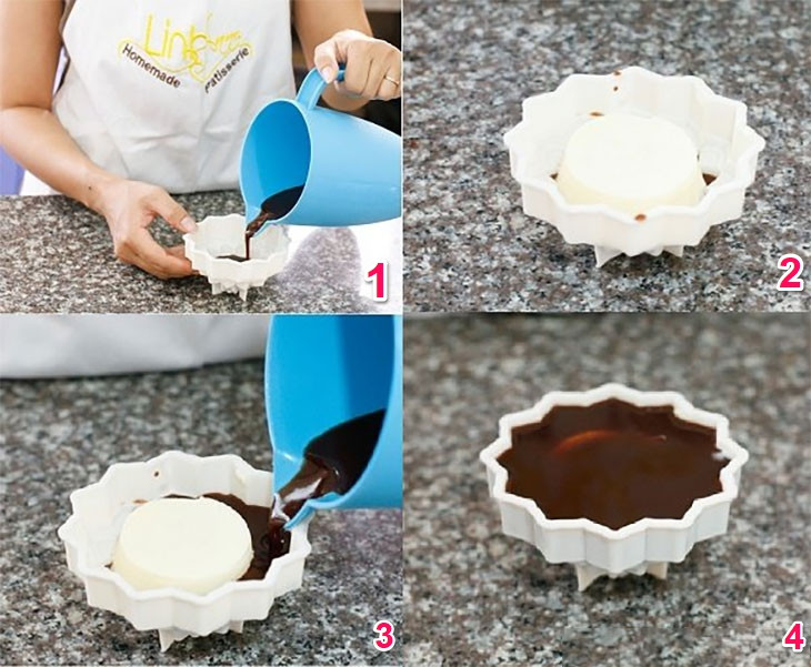 Bánh hoàn chỉnh có lớp nhân flan béo ngậy nằm giữa rau câu cà phê trong veo