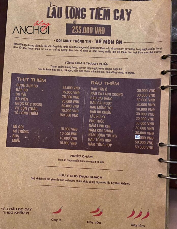 Menu quán Lẩu Hói với nhiều mức giá hợp lý cho mọi lựa chọn